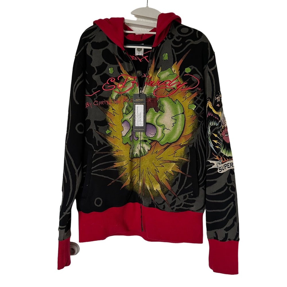 Ed Hardy Rare Full Zip Hoodie Sweater Graphic Red Size S Bulldog New with Tags